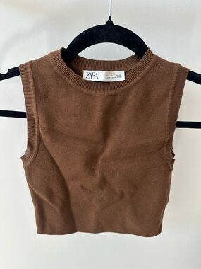 ZARA Brown Ribbed Sleeveless Knit Crop Top